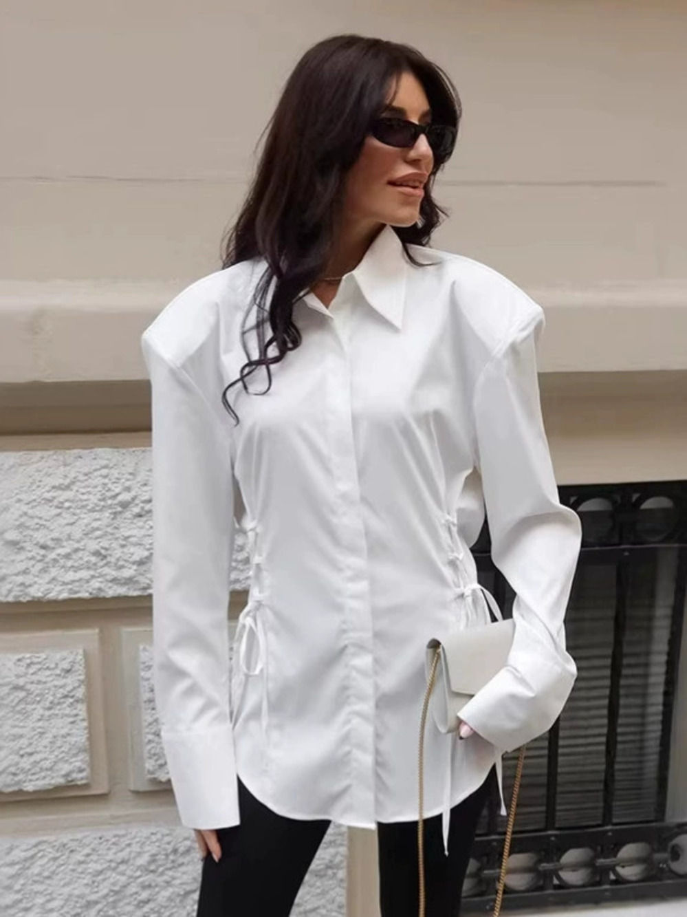 Forever 21 White Shirt with Shoulder Pads Tie Waist Lapel Collar Mid Length